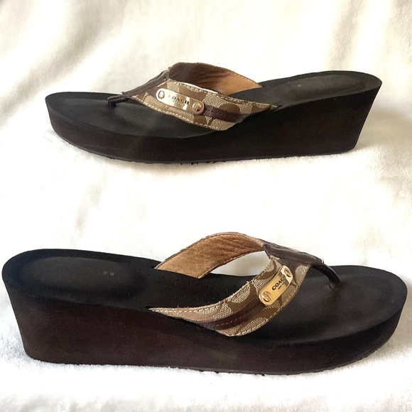 Brown Coach Jaden Wedge Heel Open Toe Flip Flops Size 11 - Picture 2 of 12